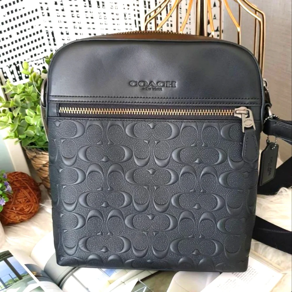 Coach Houston Flight Bag in Embossed Signature Leather Black